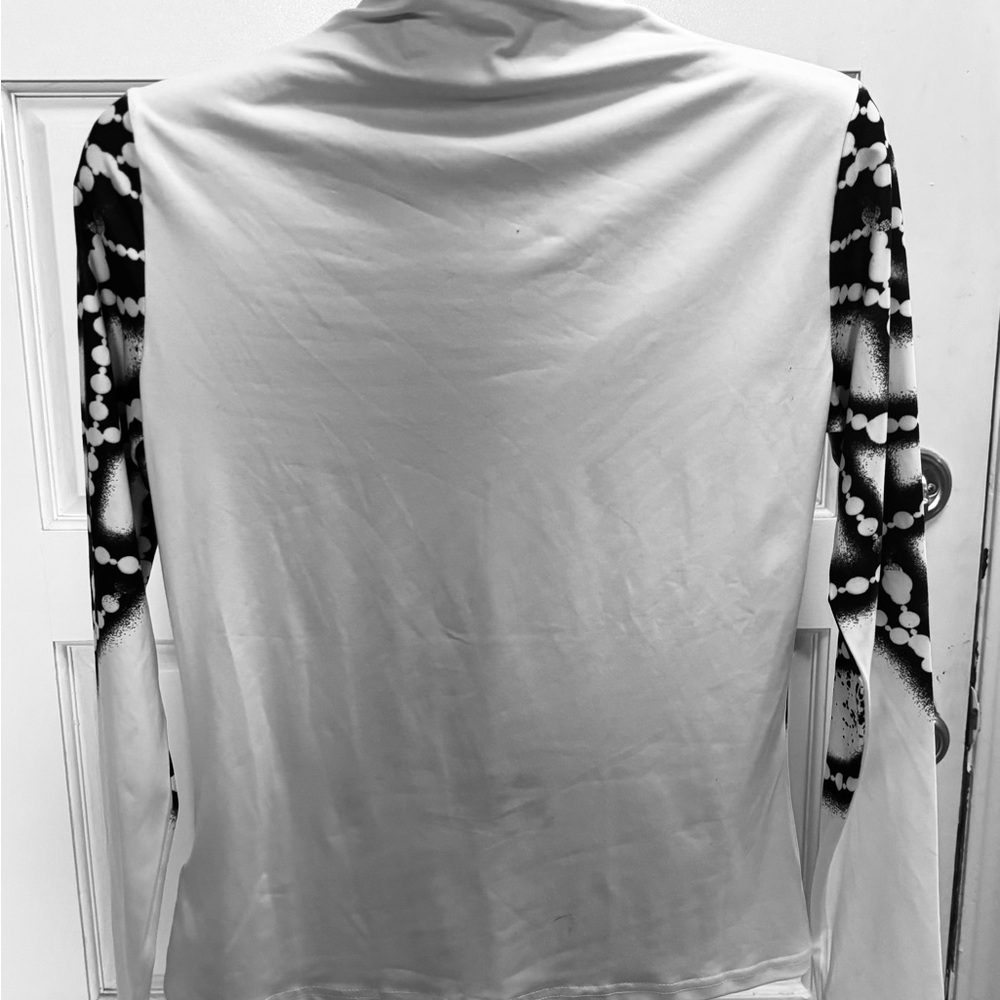 Chic White high neck Women's Long Sleeve Top with black beaded outline on front. - Picture 2 of 3